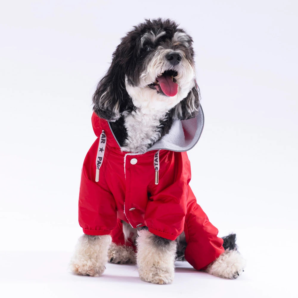 Red Monsoon Dog Jumpsuit Raincoat for Small and Medium Breeds, Waterproof Full Body Pet Outfit, Lightweight Protective Dog Wear